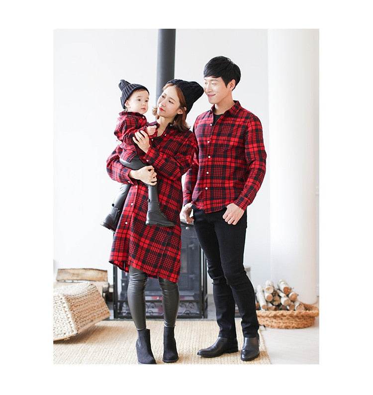 Mother and child red plaid shirt parent-child outfit - Mubimart