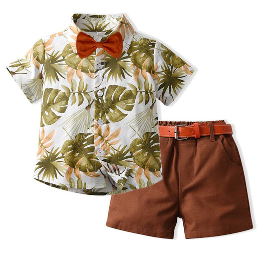 New Boy Summer Clothing Fashionable Dinosaur Short-sleeved Shirt Belt Shorts Two-piece Set - Mubimart