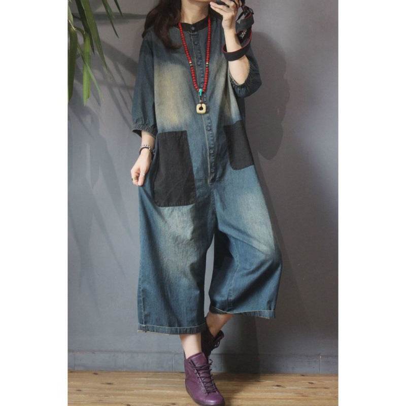 Retro Personality Plus Size Patch Large Pocket Jumpsuit - Mubimart