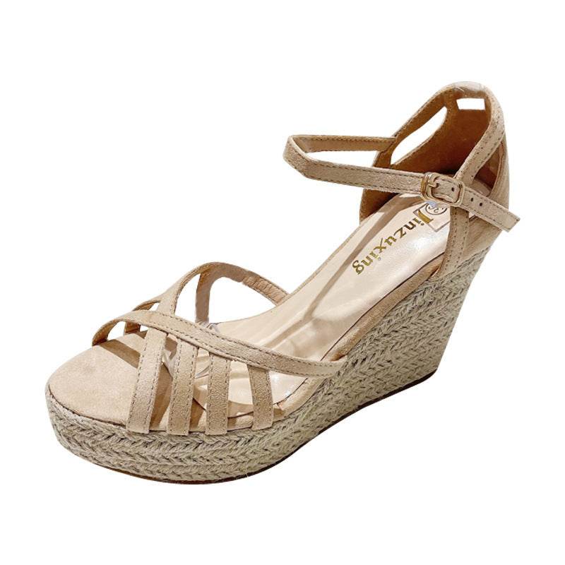 Women's Wedge Super High Heels Platform Hemp Rope Woven Peep Toe Sandals - Mubimart