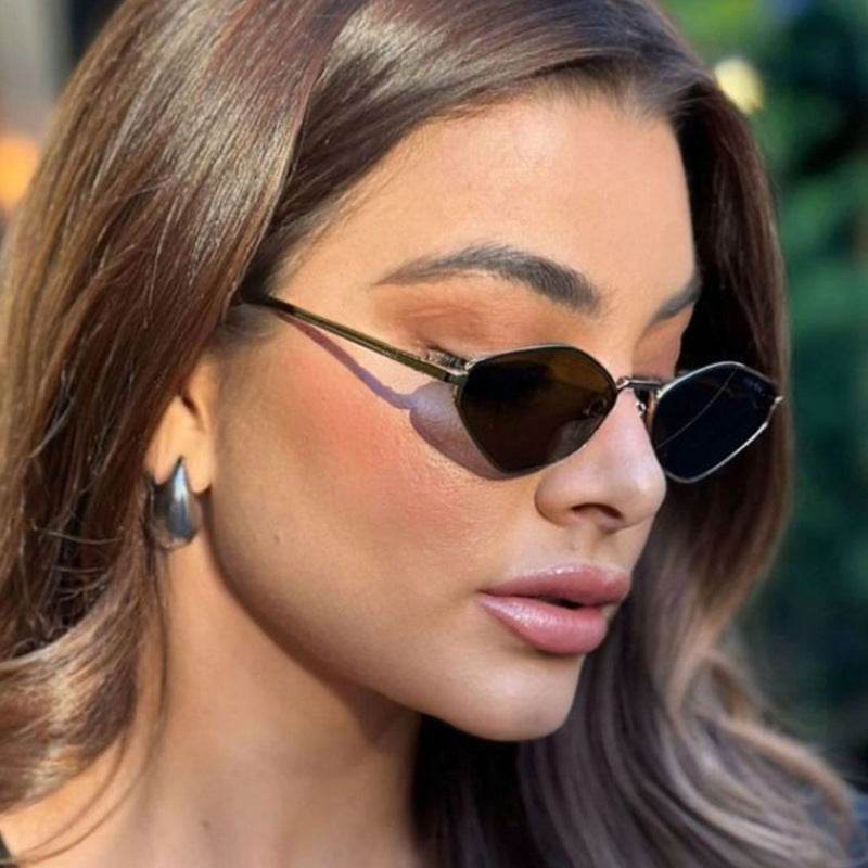 Cat Eye Metal Sunglasses Female Personality Polygon European And American Ins Small Frame - Mubimart