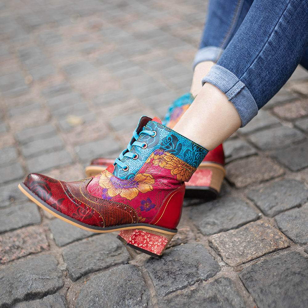 Casual Retro Ethnic Boots Lace Printing Dark Pattern Cowboy Boot - Mubimart