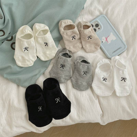 Bow Embroidery Cotton Women's Low-cut Liners Socks - Mubimart