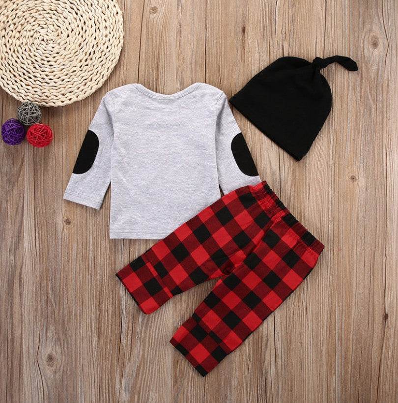 Plaid Moose Hat T-shirt Pants 3pcs Baby Outfit Set - Mubimart