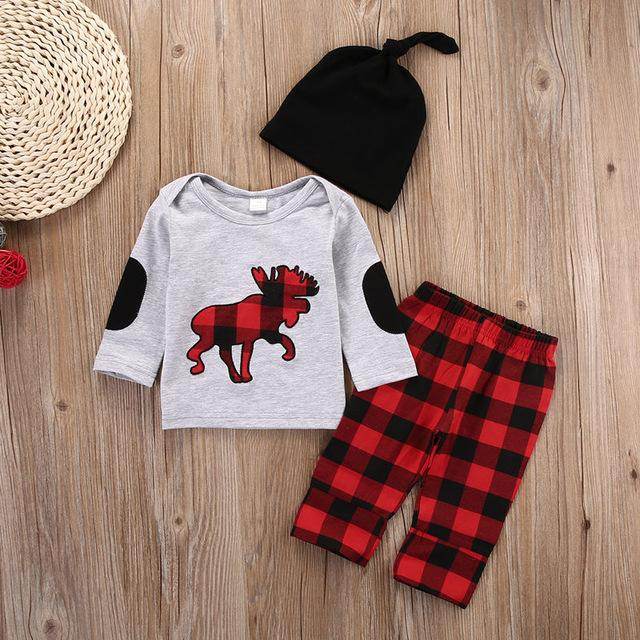 Plaid Moose Hat T-shirt Pants 3pcs Baby Outfit Set - Mubimart
