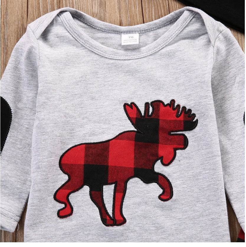 Plaid Moose Hat T-shirt Pants 3pcs Baby Outfit Set - Mubimart