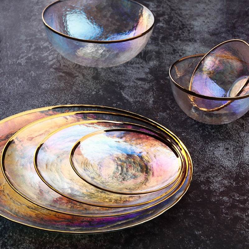 Rainbow Ion Plated Hammer Pattern Glass Plate Bowl Fruit Plate Bowl Set - Mubimart