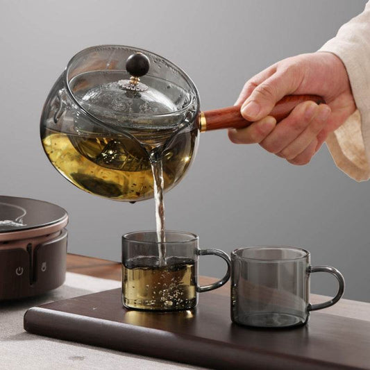 Semi-automatic Rotary Heat-resistant Glass Teapot Lazy Tea Making With Infuser And Wooden Handle Office Home Accessories Kitchen Gadgets - Mubimart