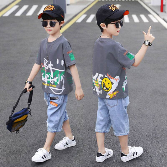 Short-sleeved T-shirt Boy Western Style Two-piece Suit, Big Boy Trend - Mubimart