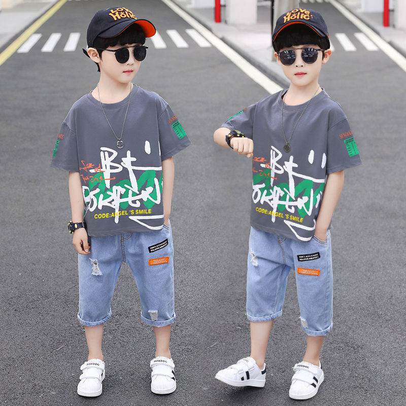 Short-sleeved T-shirt Boy Western Style Two-piece Suit, Big Boy Trend - Mubimart
