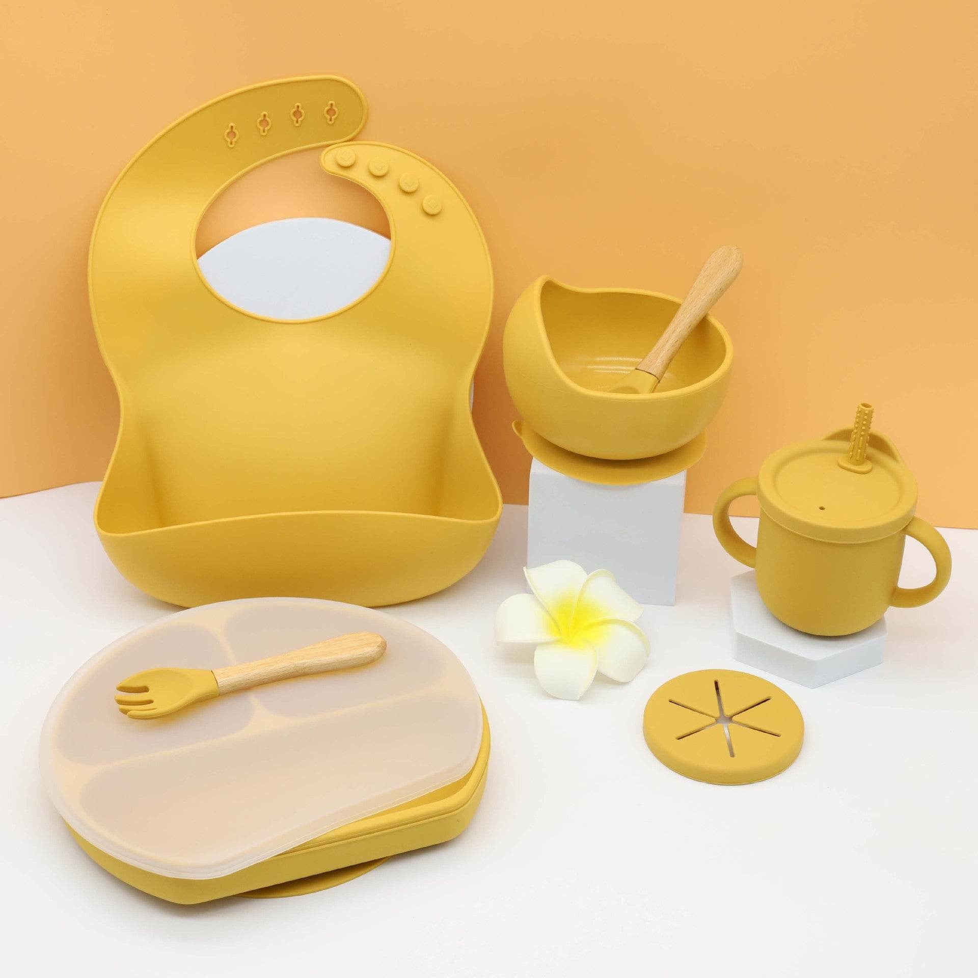 Silicone Kids Bib Bowl Dinner Plate Mat Spoon Fork Set - Mubimart