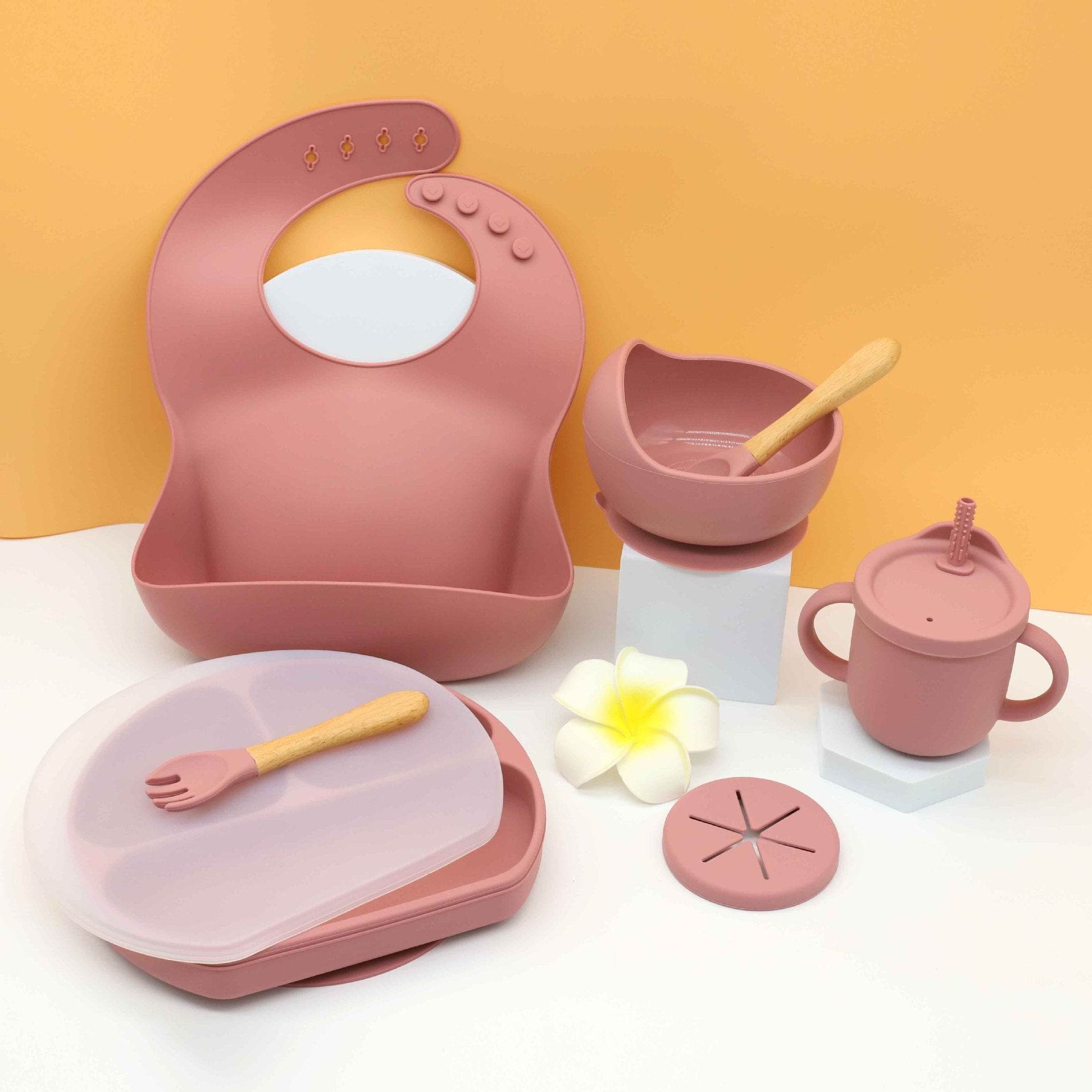 Silicone Kids Bib Bowl Dinner Plate Mat Spoon Fork Set - Mubimart