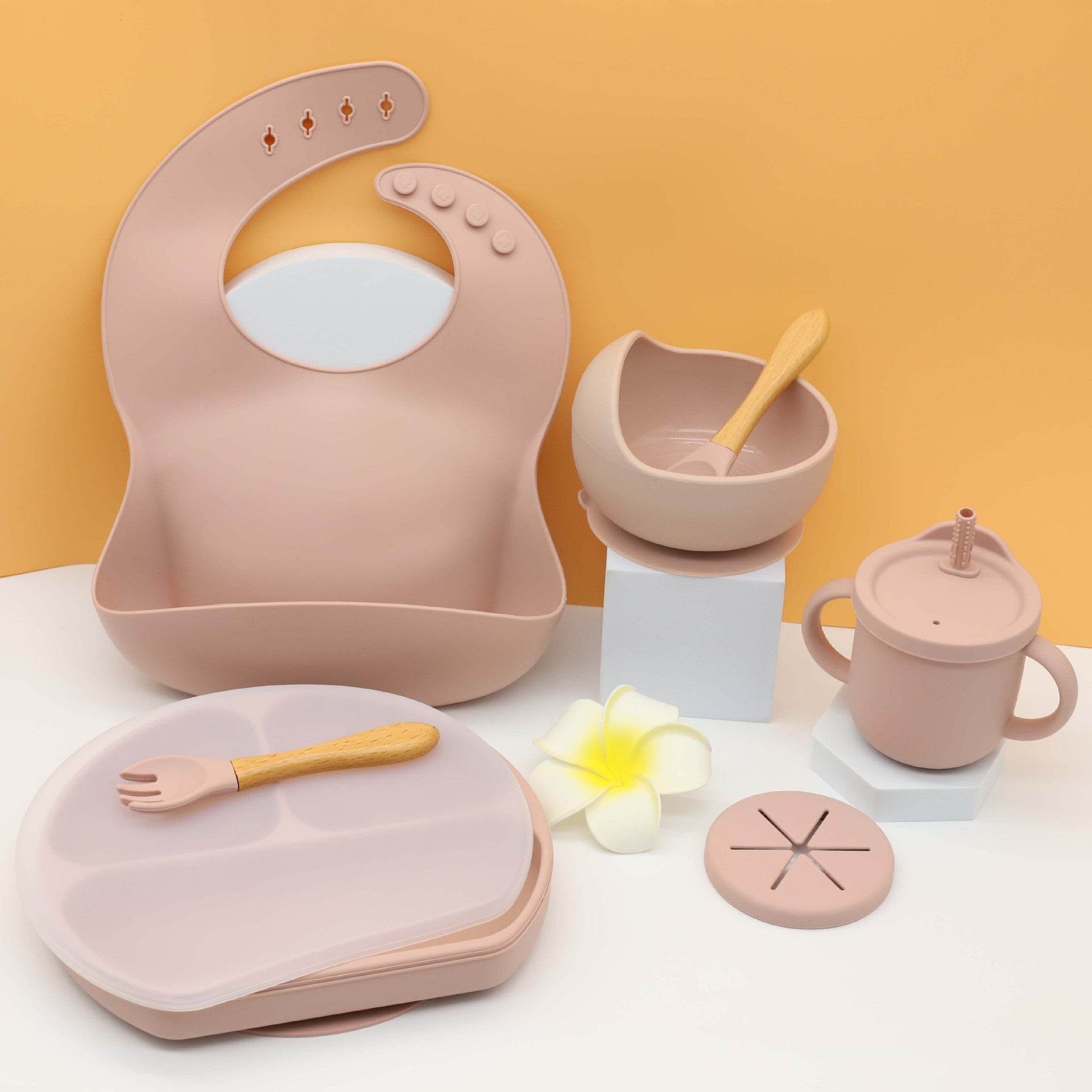 Silicone Kids Bib Bowl Dinner Plate Mat Spoon Fork Set - Mubimart