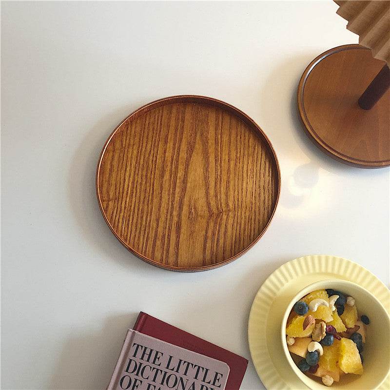 Solid Wood Tray Round Storage Tray Fruit Tray Desktop Storage One-Person Food Tray - Mubimart