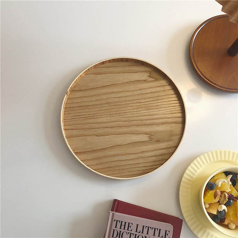 Solid Wood Tray Round Storage Tray Fruit Tray Desktop Storage One-Person Food Tray - Mubimart
