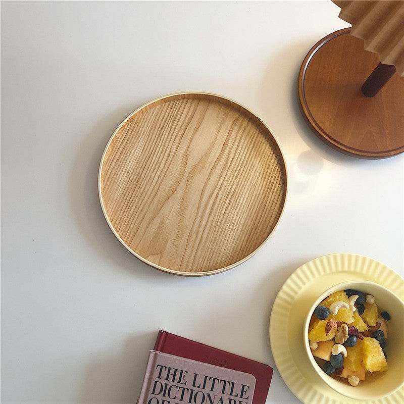 Solid Wood Tray Round Storage Tray Fruit Tray Desktop Storage One-Person Food Tray - Mubimart