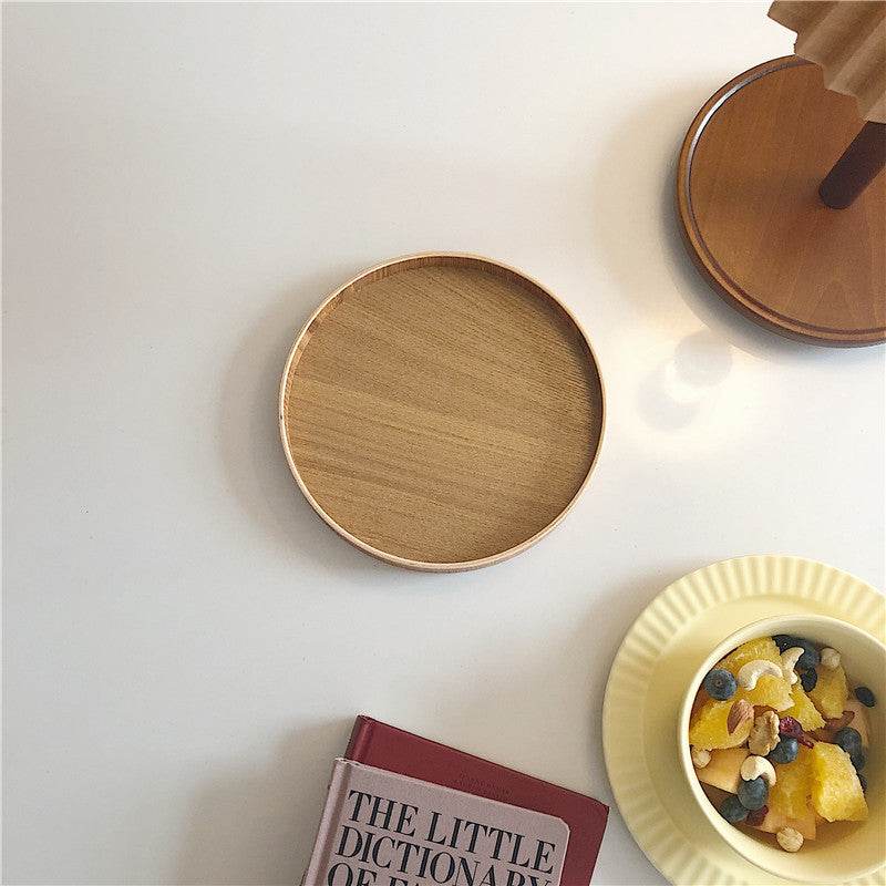 Solid Wood Tray Round Storage Tray Fruit Tray Desktop Storage One-Person Food Tray - Mubimart