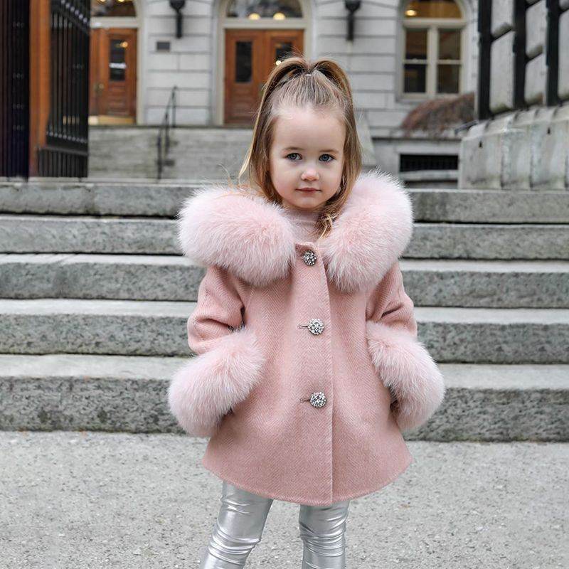 Spring Kid Girls Autumn Warm Woolen Overcoat Fur Coat - Mubimart