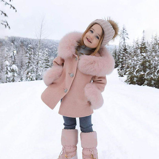 Spring Kid Girls Autumn Warm Woolen Overcoat Fur Coat - Mubimart