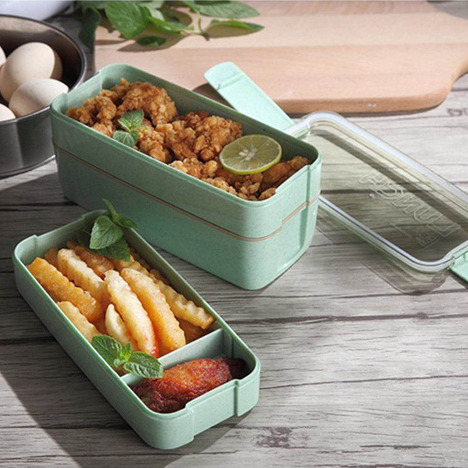 Square Double Three-layer Wheat Straw Fiber Plastic Lunch Box - Mubimart