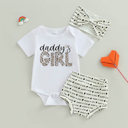 Summer Baby Girl Short Sleeve Adjustable Clothes Pants Hair Accessories Three-piece Set - Mubimart