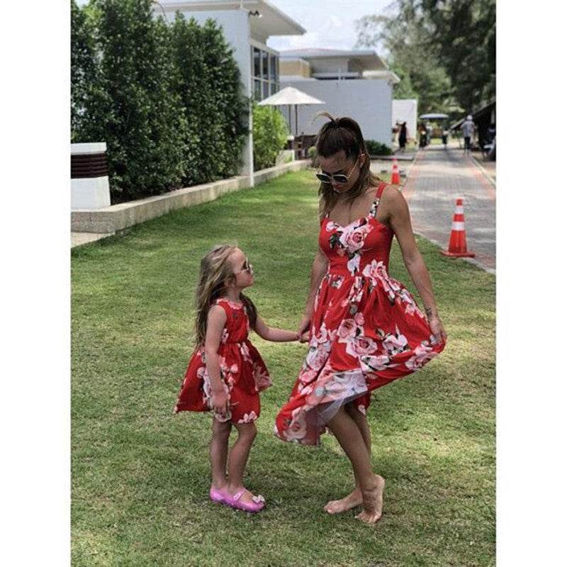 Summer New Style Printed Sling Sleeveless Parent-Child Dress - Mubimart