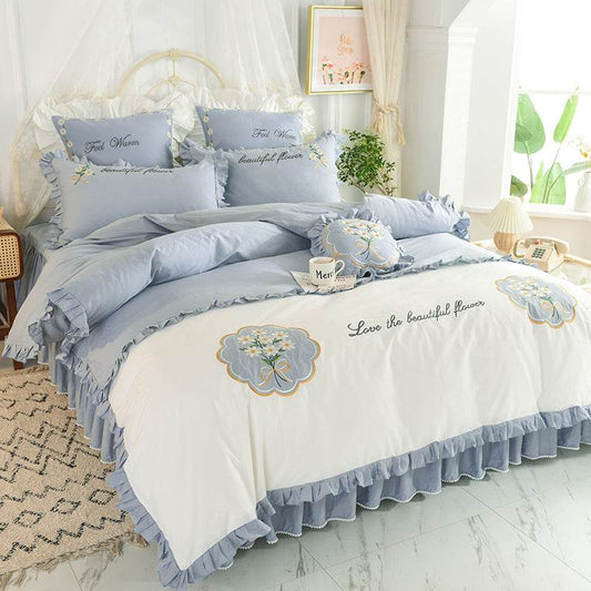 Summer Ruffled Cotton Four-piece Set Girl Heart Embroidery Flower Quilt Cover - Mubimart