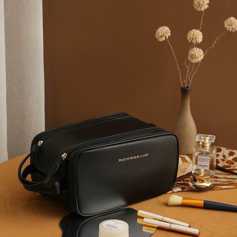Three-layer Double Zipper U-shaped Design Cosmetic Bag Fashion High Capacity Make Up Bags Portable Pu Leather Storage Bag For Skin Care Products - Mubimart