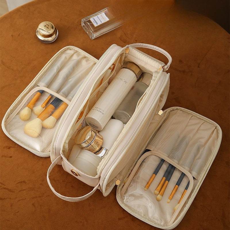 Three-layer Double Zipper U-shaped Design Cosmetic Bag Fashion High Capacity Make Up Bags Portable Pu Leather Storage Bag For Skin Care Products - Mubimart