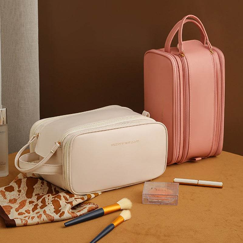 Three-layer Double Zipper U-shaped Design Cosmetic Bag Fashion High Capacity Make Up Bags Portable Pu Leather Storage Bag For Skin Care Products - Mubimart