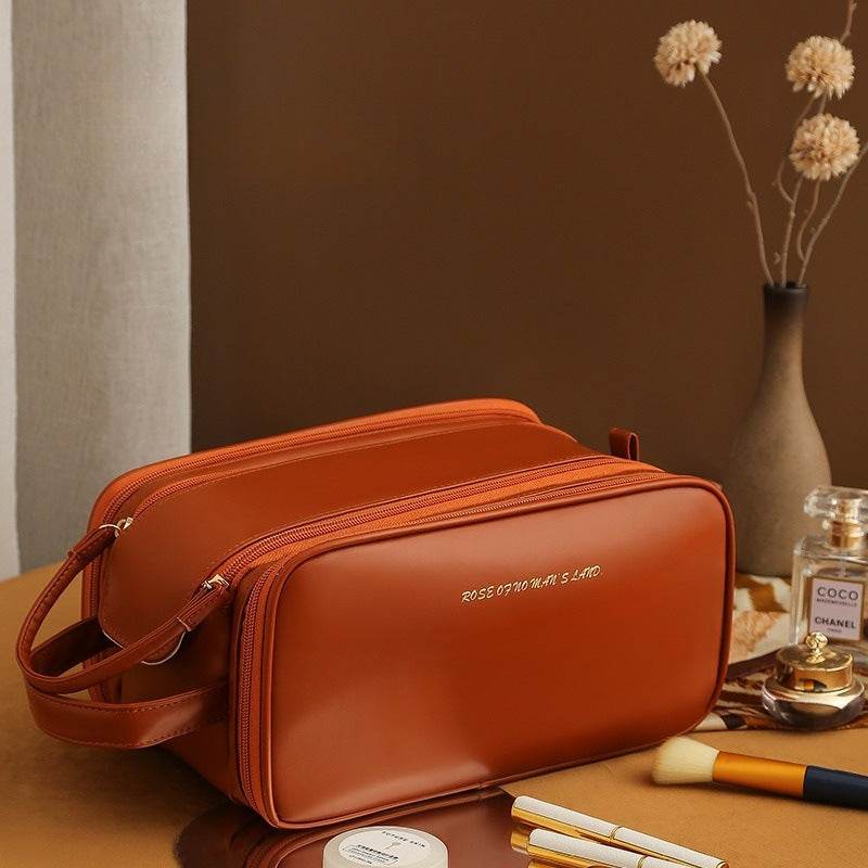 Three-layer Double Zipper U-shaped Design Cosmetic Bag Fashion High Capacity Make Up Bags Portable Pu Leather Storage Bag For Skin Care Products - Mubimart