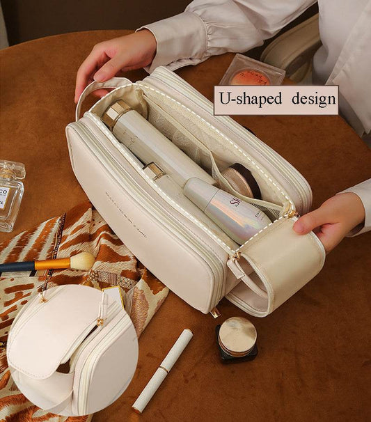 Three-layer Double Zipper U-shaped Design Cosmetic Bag Fashion High Capacity Make Up Bags Portable Pu Leather Storage Bag For Skin Care Products - Mubimart