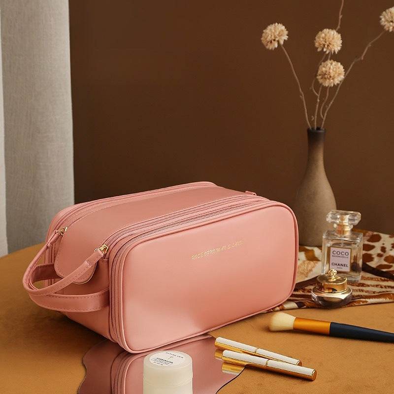 Three-layer Double Zipper U-shaped Design Cosmetic Bag Fashion High Capacity Make Up Bags Portable Pu Leather Storage Bag For Skin Care Products - Mubimart