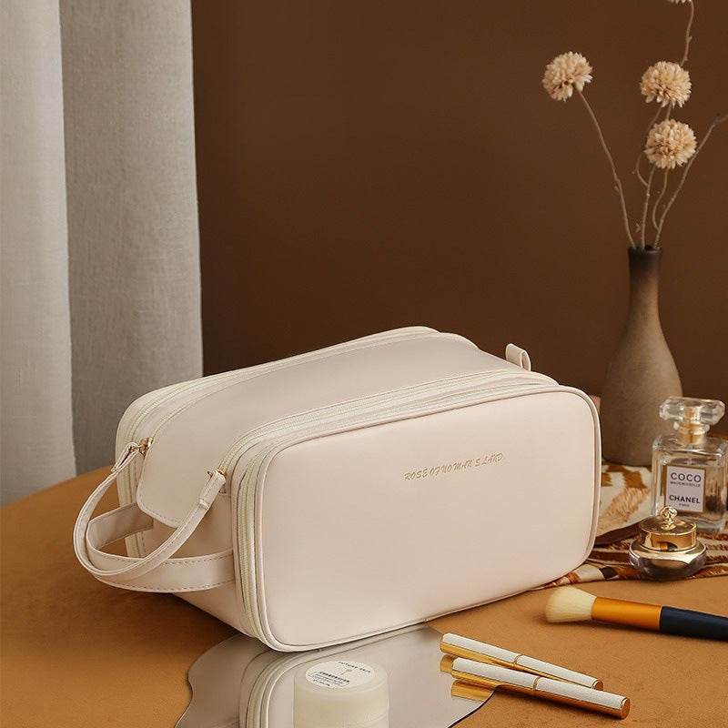 Three-layer Double Zipper U-shaped Design Cosmetic Bag Fashion High Capacity Make Up Bags Portable Pu Leather Storage Bag For Skin Care Products - Mubimart