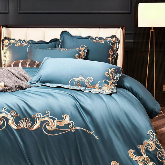 Velvet Four-piece Set Solid Color Embroidered Quilt Set Bed Sheet - Mubimart