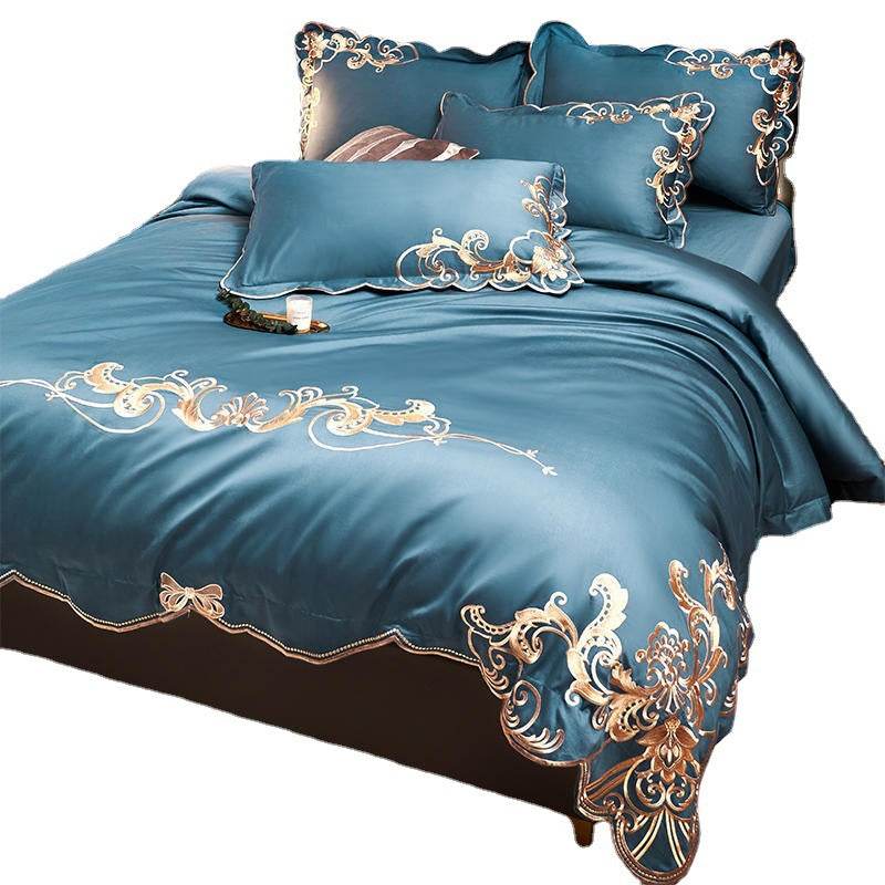 Velvet Four-piece Set Solid Color Embroidered Quilt Set Bed Sheet - Mubimart