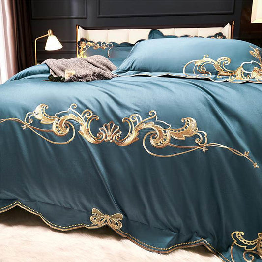Velvet Four-piece Set Solid Color Embroidered Quilt Set Bed Sheet - Mubimart