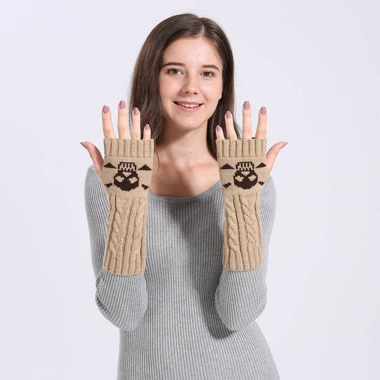 Warm Twisted Skull Knit Short Gloves With Wool - Mubimart