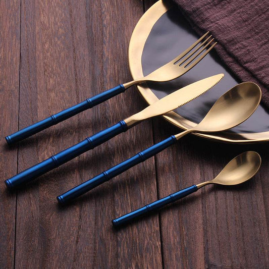 Western Tableware With Bamboo Blue Handle and Gold Head - Mubimart