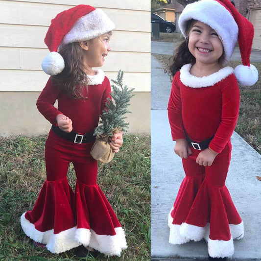 Winter Christmas Long-sleeved Shirt Bell Bottoms Hat Three-piece Children's Clothing - Mubimart