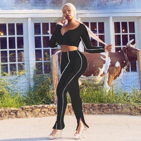 Women 2 Piece Set Outfit Long Sleeve Cro - Mubimart