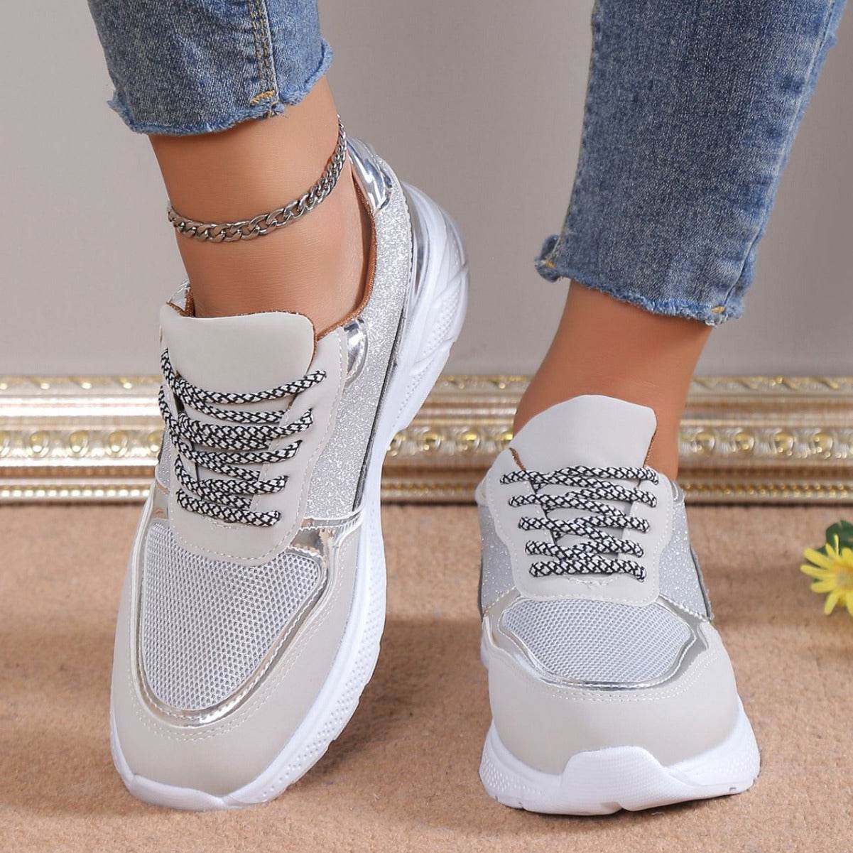 Women's Lace Up Sneakers Breathable Mesh Flat Shoes Fashion Casual Lightweight Running Sports Shoes - Mubimart