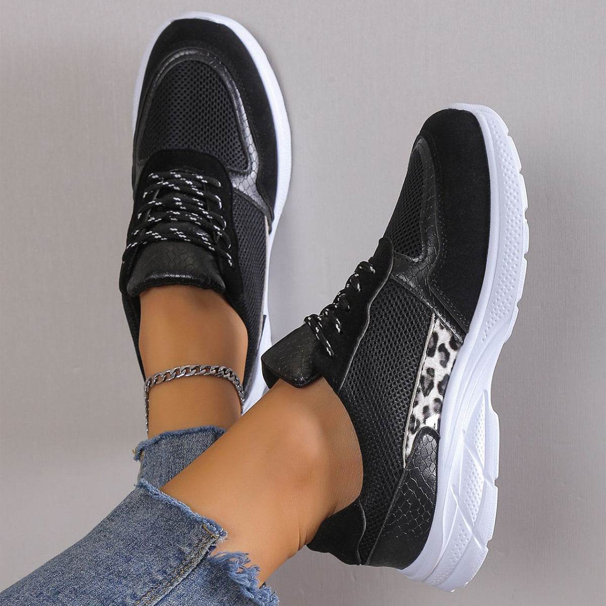 Women's Lace Up Sneakers Breathable Mesh Flat Shoes Fashion Casual Lightweight Running Sports Shoes - Mubimart