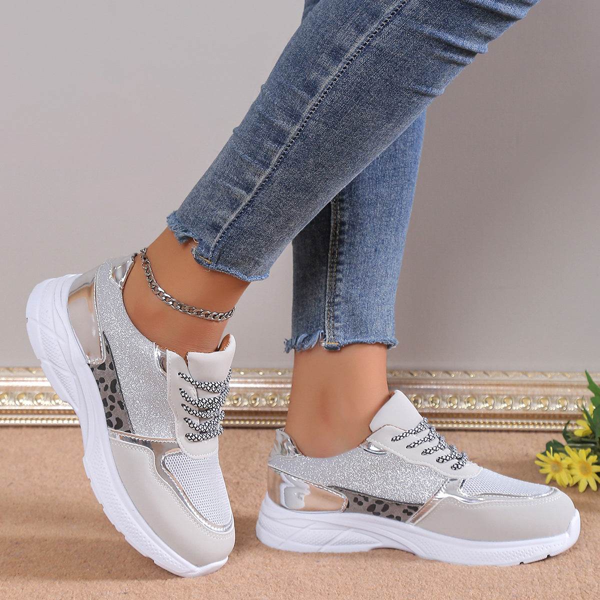 Women's Lace Up Sneakers Breathable Mesh Flat Shoes Fashion Casual Lightweight Running Sports Shoes - Mubimart