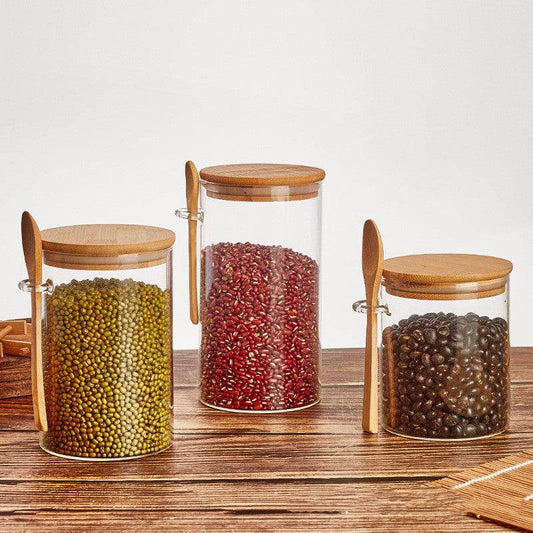 Wood Spoon Glass Storage Tank Set Food Storage - Mubimart