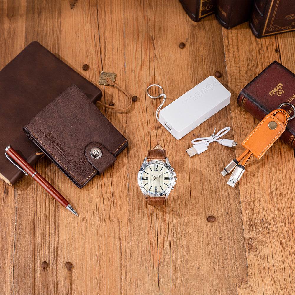 Mens Boutique Gift Set Wallet Power Bank Keychain Large Dial Quartz Watch - Mubimart
