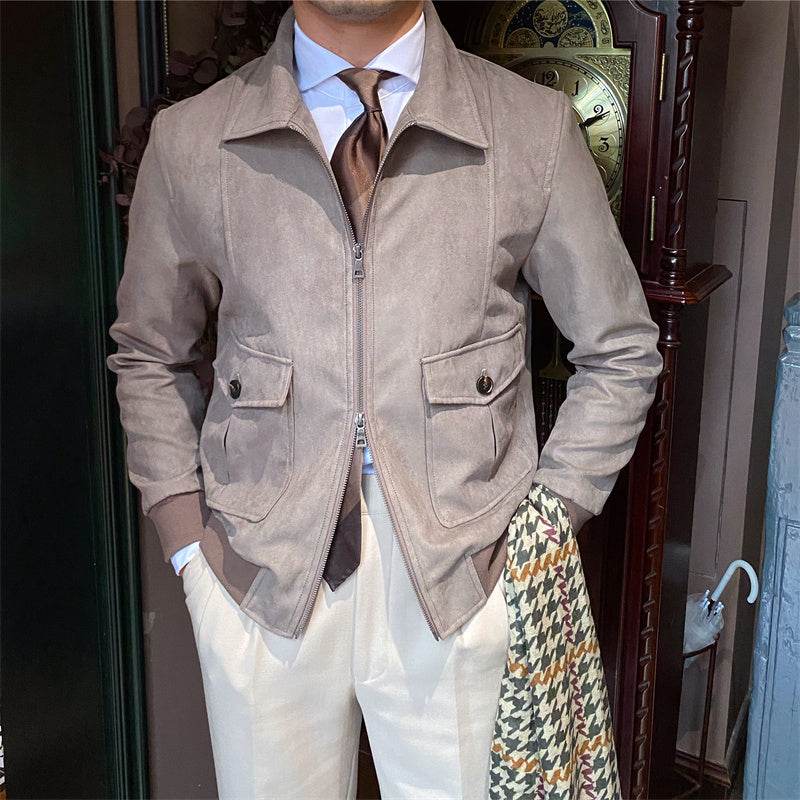 Suede Coffee Bomber Jacket For Man - Mubimart