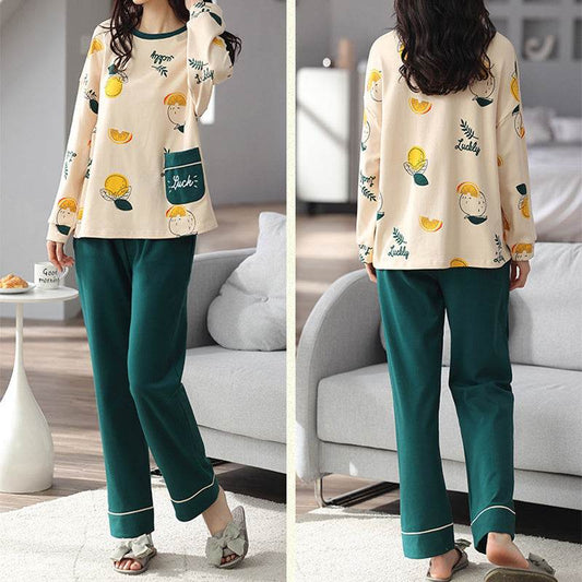 Loose Print Pajamas Women Autumn Winter Pyjama Set Long Sleeves And Trousers Elegant Sleepwear Girl Loungewear Home Clothes - Mubimart