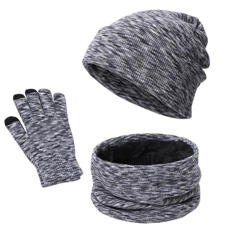 Knitted Three-piece Hat Scarf Touch Screen Gloves Plus Velvet Outdoor Solid Color - Mubimart