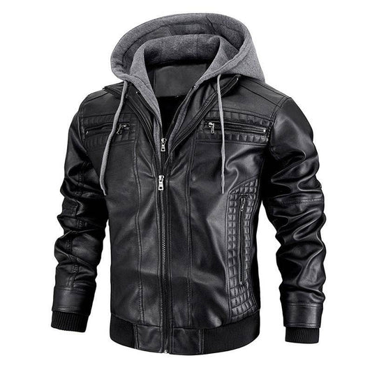 Hooded Jacket With Zipper Pockets Fashion Warm Pu Leather Coat Mens Clothing - Mubimart